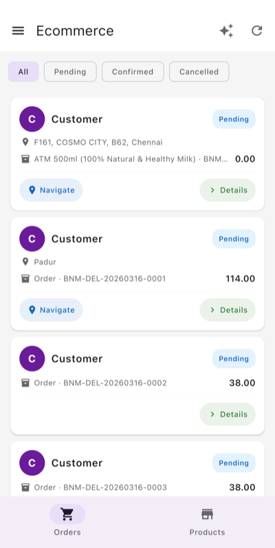 BNM Admin — ecommerce orders list with status badges and navigation